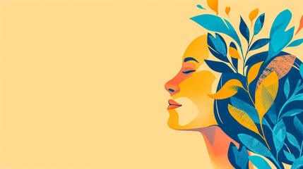 Artistic representation of a woman's profile with leaves and flowers symbolizing tranquility