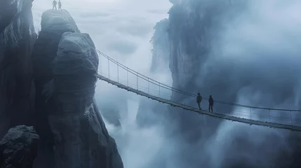 Poster Friends crossing a wobbly suspension bridge, high above a breathtaking canyon filled with swirling mist. © Its Your,s