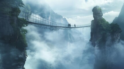 Friends crossing a wobbly suspension bridge, high above a breathtaking canyon filled with swirling mist.