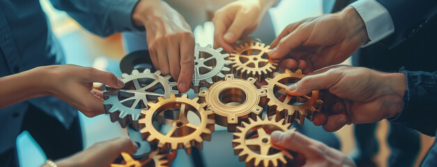 A group of business people holding various gears in their hands, working together