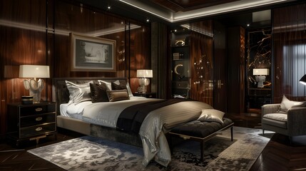Epitome of Elegance - A Luxurious Mahogany Paneled Bedroom with Pearl-Gray Bed and Avant-Garde Decor