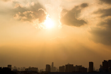 Fototapeta na wymiar Sunrise over modern office buildings in Bangkok