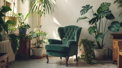 Foto op Plexiglas Emerald Velvet Armchair A Comfortable Retreat in Sculptural Foliage and Vintage Wood © Rudsaphon