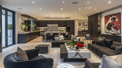 Elegant Open Floor Plan Living Room with Chic Contemporary Kitchen Modern Luxury and Refinement