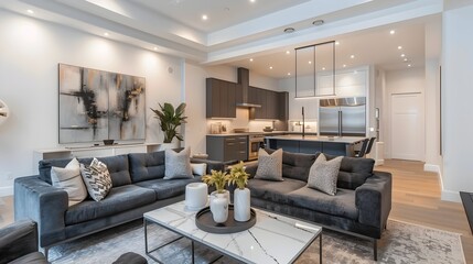 Elegant Open Floor Plan Living Room with Chic Contemporary Kitchen and Refined Home Accents