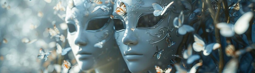 Mirror Masks, reflective masks, uncanny faces, hanging in a misty forest, surrounded by fluttering butterflies 3D render, Backlighting, Depth of field bokeh effect - obrazy, fototapety, plakaty