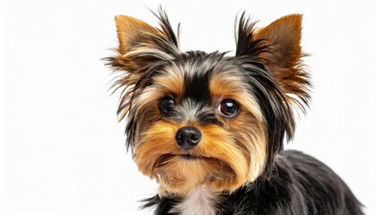 Small Yorkshire terrier Yorkie - Canis lupus familiaris - isolated on white background portrait closeup of face looking at camera