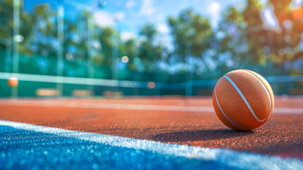 Sunlit basketball on outdoor court