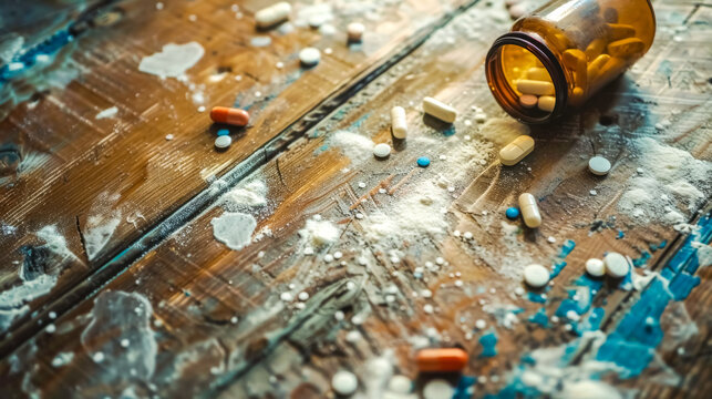 Spilled prescription pills on a wooden surface