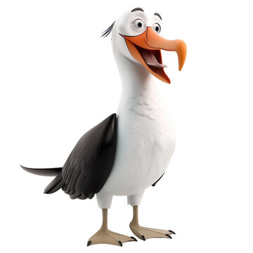 recommend clip art: Angled view of a 3D cartoon illustration of cute Albatross smiling excitedly isolated on a white transparent background
