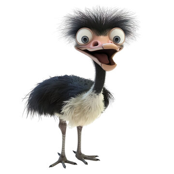 recommend clip art: Angled view of a 3D cartoon illustration of cute Emu smiling excitedly isolated on a white transparent background