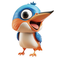 Angled view of a 3D cartoon illustration of cute Kingfisher smiling excitedly isolated on a white transparent background