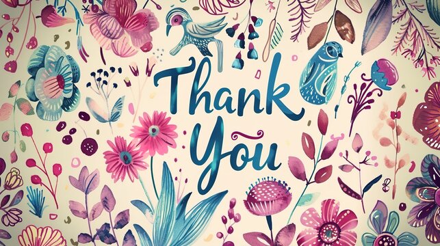 "Thank You" on a whimsical thank you card featuring quirky hand-drawn illustrations and quirky lettering on a soft pastel background, radiating charm and whimsy in its expression of thanks.