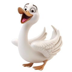 Angled view of a 3D cartoon illustration of cute Swan smiling excitedly isolated on a white transparent background
