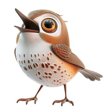 recommend clip art: Angled view of a 3D cartoon illustration of cute Thrush smiling excitedly isolated on a white transparent background