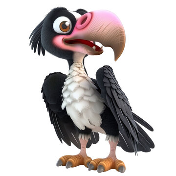 Angled view of a 3D cartoon illustration of cute Vulture smiling excitedly isolated on a white transparent background