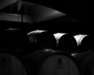 a wine cellar where wooden barrels and bottles of wine are stored