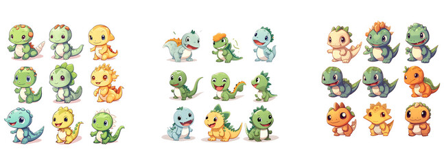 Set of illustrations of dinosaurs on a transparent background.