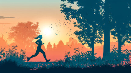 Fototapeta premium Silhouette of a woman running in a tranquil forest during a beautiful sunset