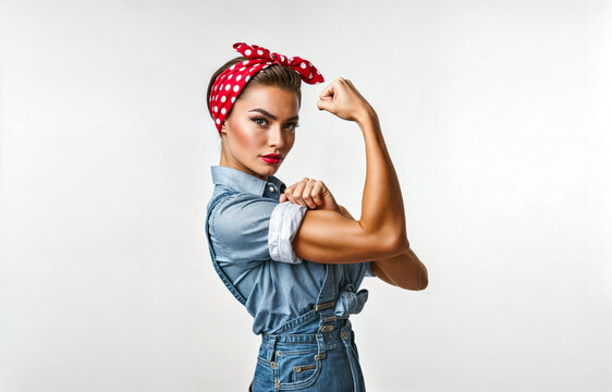 Empowered confident and strong woman wearing denim and bandana flexing muscles 	