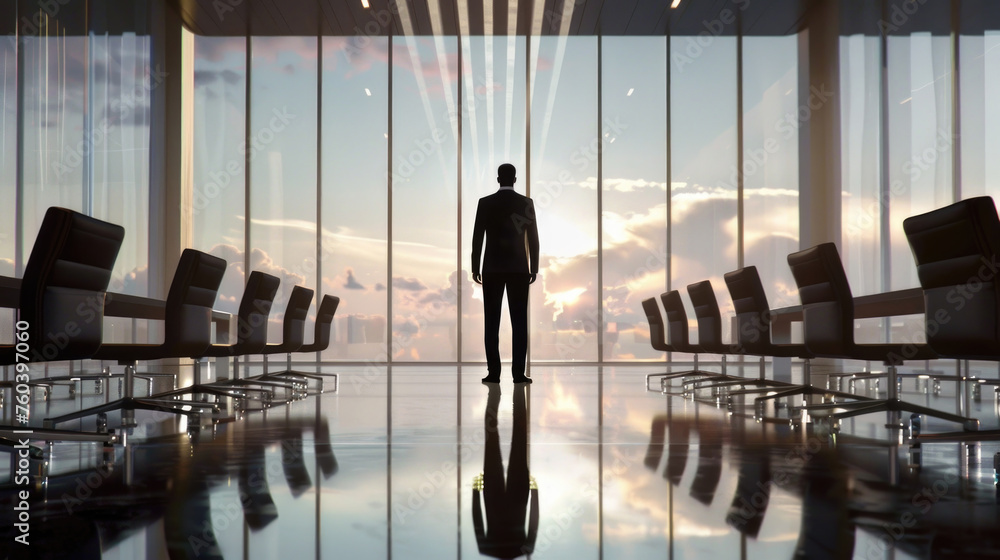 Poster a man standing upright in front of a neatly arranged row of chairs in a simple indoor setting