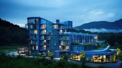Fototapeta na wymiar luxury blue hotel building illustration design modern, facade entrance, lobby rooms luxury blue hotel building