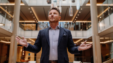 A man stands in a lobby, hands open in a gesture, expressing openness or greeting