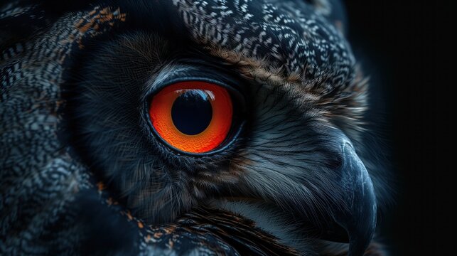black owl, with red eyes close-up
