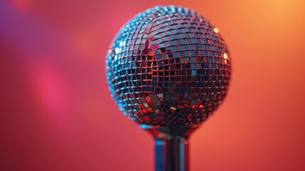 Microphone as a disco ball on coral background