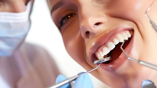 A female patient sits in a dentists chair as the dentist brushes her teeth during a routine dental cleaning