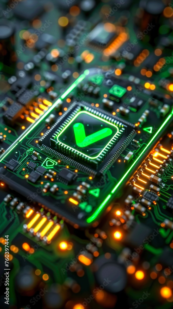 Poster smartphone on a circuit board displaying a green checkmark, representing a successful system update 