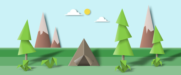Illustration in vector format with scenery / scape and a camp in the outdoor background among nature in the style of papercut  - 760397469