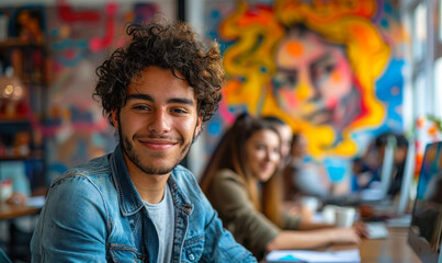Team of professionals engaged in brainstorming session in front of computers with a colorful wall mural depicting creative and analytical thinking
