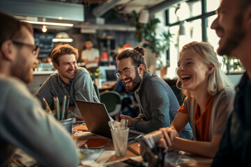 Fototapeta premium A group of people are laughing and smiling at a table with a laptop