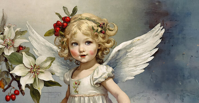 Nostalgisch, kleiner süßer Engel, mit Schneerosen und roten Beeren.