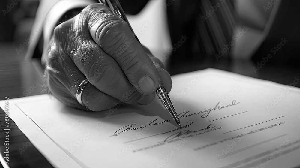 Poster an individual is signing a document with a pen on a desk in an office setting