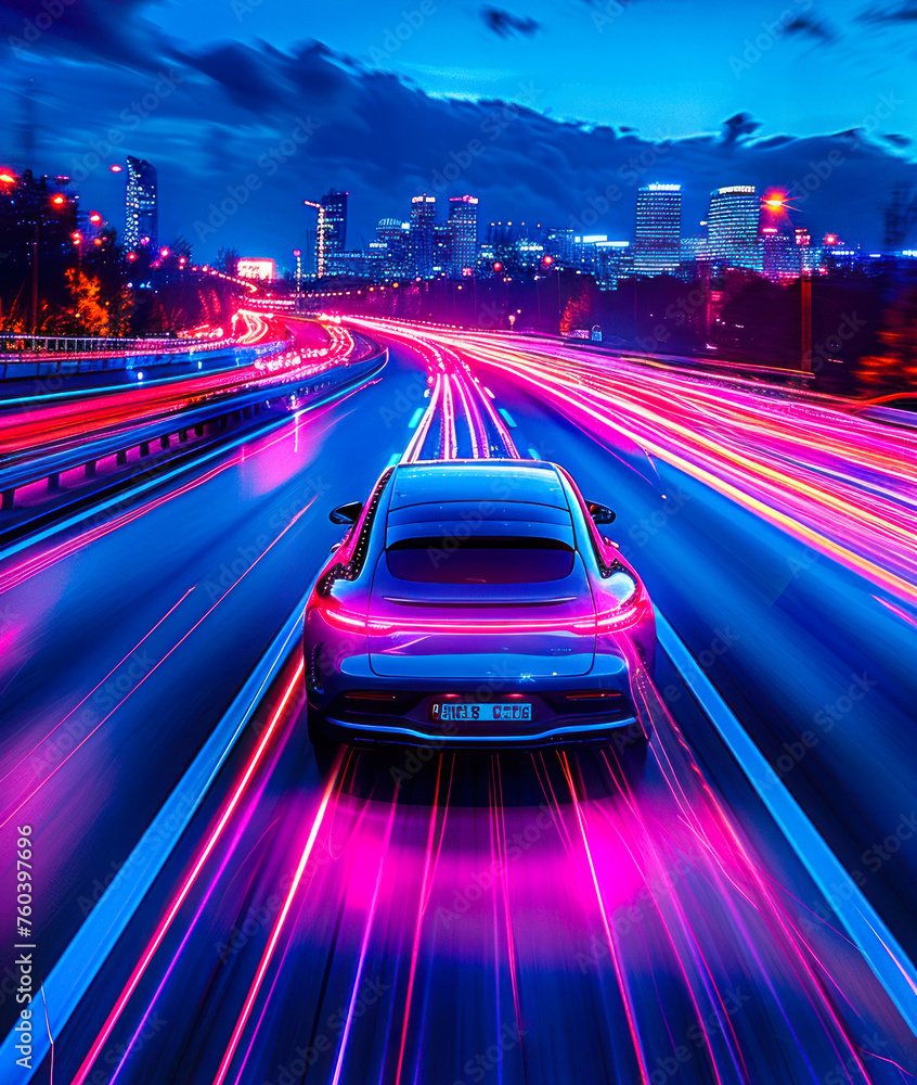 Poster high-speed autonomous vehicle with dynamic light trails on a highway, representing the concept of fu