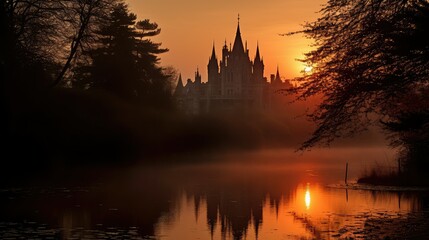 Obraz premium medieval gothic castle building illustration fortress stone, tower moat, battlements turrets medieval gothic castle building