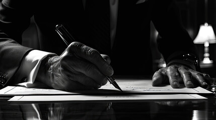 A person in a suit is finalizing a deal or contract by signing papers on a wooden desk, illuminated by a desk lamp in a dark room