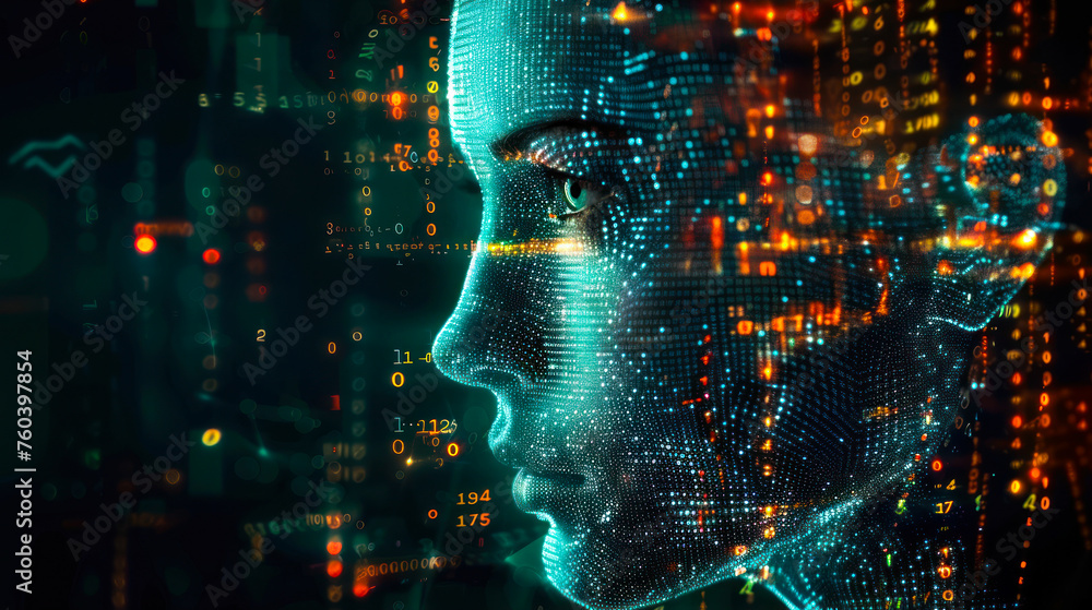 Poster abstract digital human profile with streaming code, symbolizing artificial intelligence, data analys