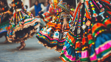 A group of dancers adorned in colorful, embroidered costumes perform a traditional dance, likely...
