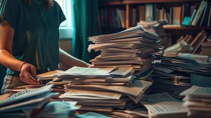 A woman standing before a large stack of papers, looking focused and determined as she assesses the documents - obrazy, fototapety, plakaty