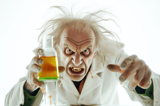 Mad scientist or crazy professor in science lab white isolated background