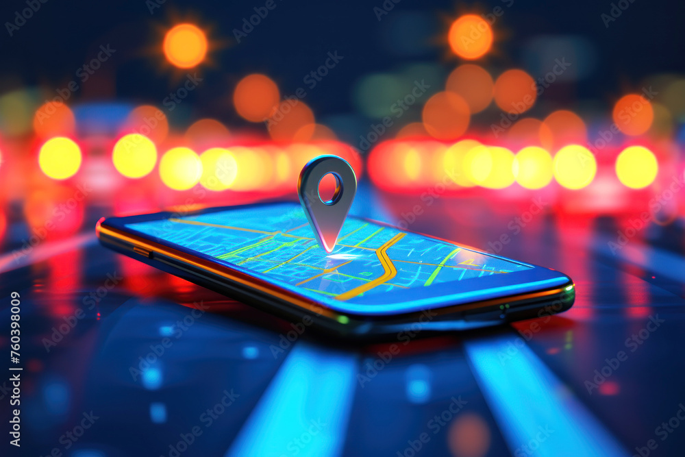 Poster point on smartphone with gps navigator icon and map on blur traffic road