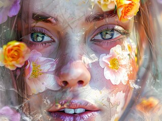 Beautiful Woman with Flowers on Face: Ethereal Dreamy Fantasy Realism Portrait in Pastel Colors and Double Exposure Style