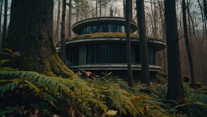 Modern architecture cabin in the woods, the future shape of lodging buildings