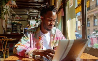 Teenager working outside the office with a laptop at a coffee shop Unlimited space for creating work.