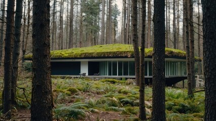 Modern architecture cabin in the woods, the future shape of lodging buildings