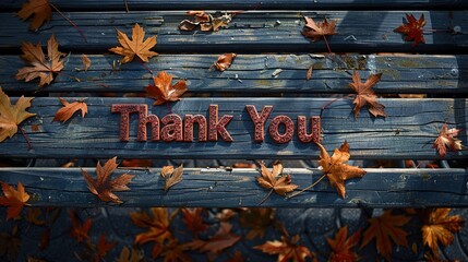 "Thank You" on a simple yet elegant arrangement of autumn leaves spelling out "Thank You" on a weathered wooden bench, capturing the essence of gratitude in nature.