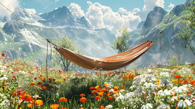 3D Illustrate of A hammock bed strung between two wildflowers in a mountainous flower field